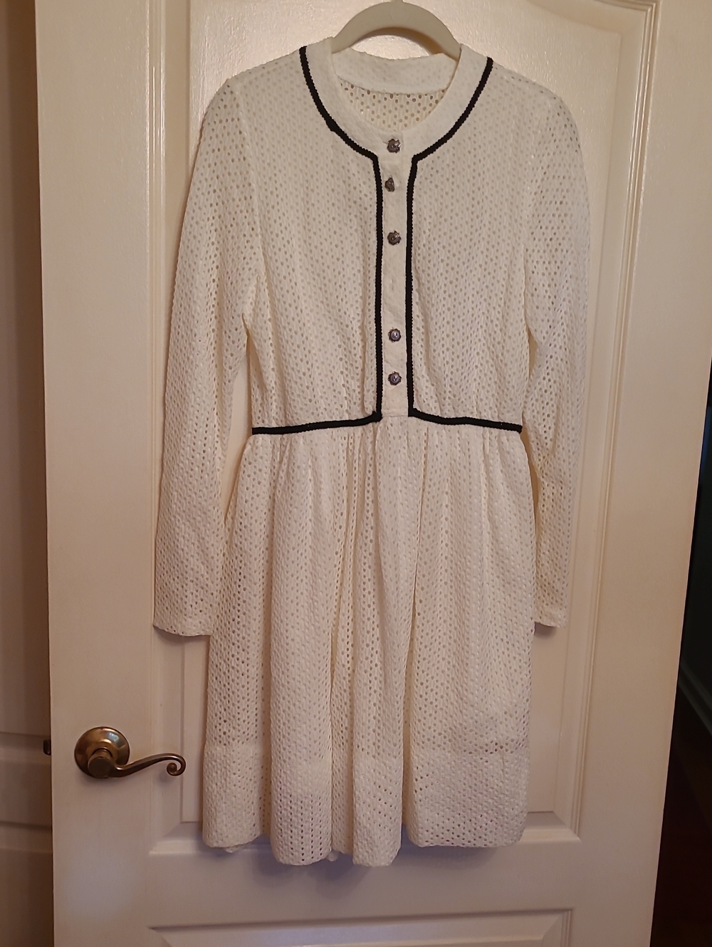 Goodnight Macaroon Ivory Long-Sleeve Button Front Dress with Black Trim